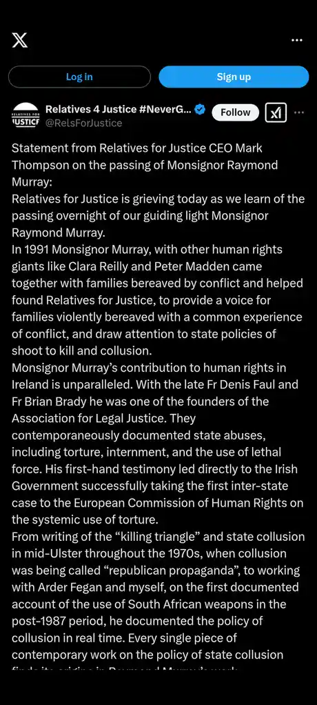 A screenshot of a tweet from the verified account 'Relatives 4 Justice' displaying a formal statement about the death of…