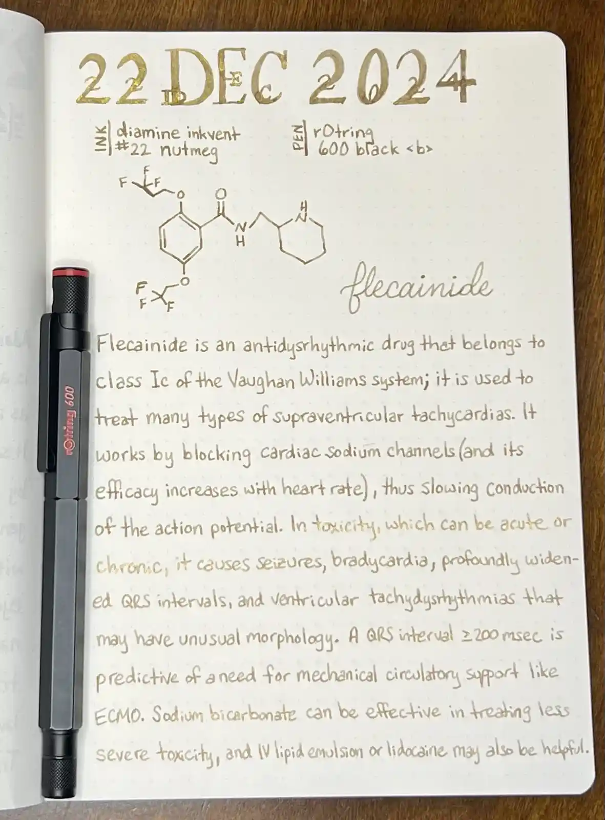 A handwritten page in a notebook dated 22 DEC 2024, detailing the chemical structure and medical information about the drug…