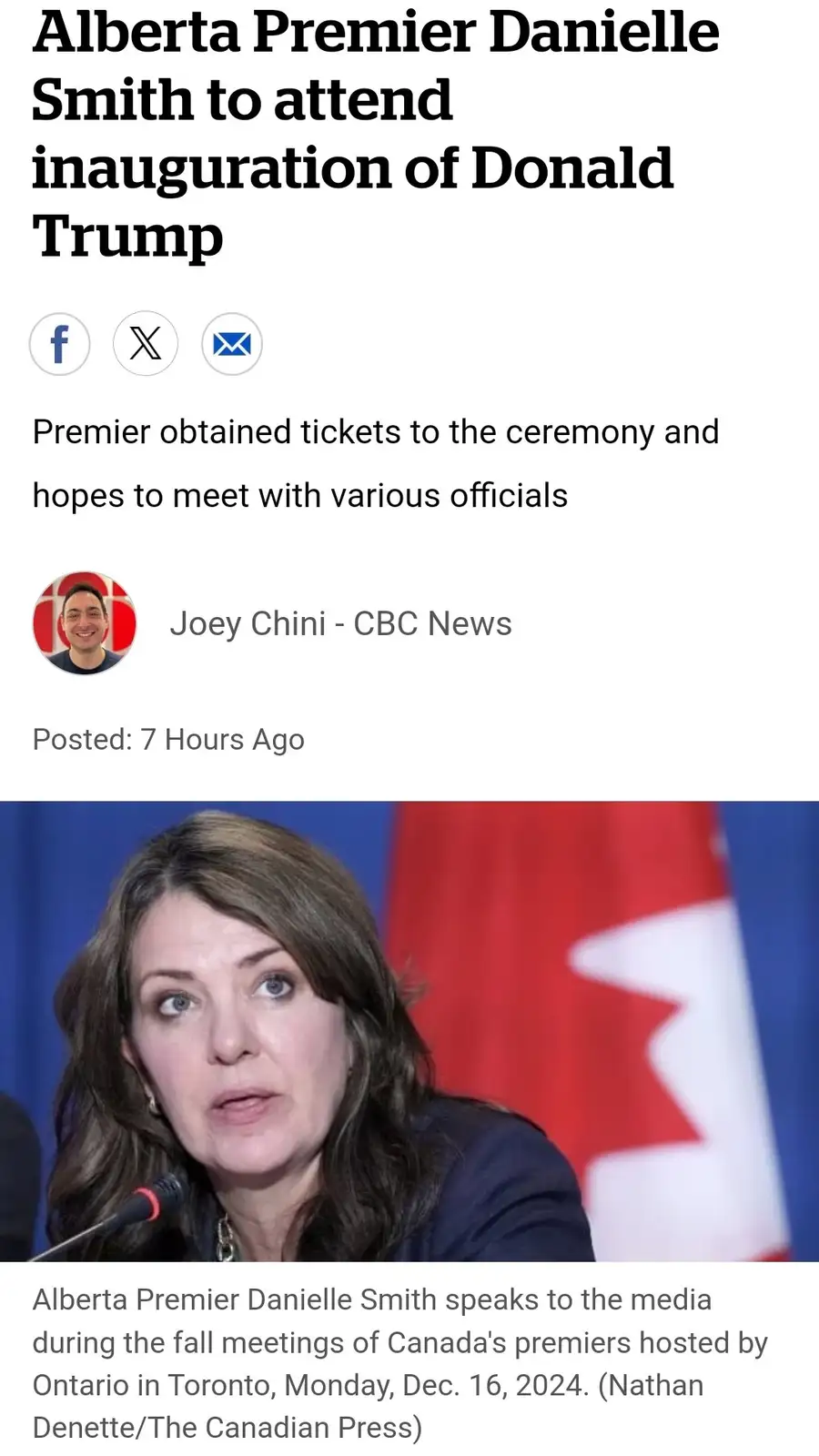 A screenshot of a CBC News article shows Alberta Premier Danielle Smith speaking at a press conference with a Canadian flag…