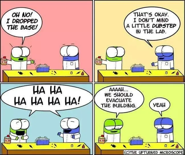 A four-panel comic strip shows two scientists in lab coats reacting to a dropped bottle. The first panel shows one scientist…