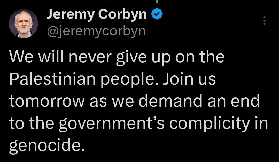 A screenshot of a tweet from Jeremy Corbyn's verified Twitter account, showing his profile picture and the text: 'We will…