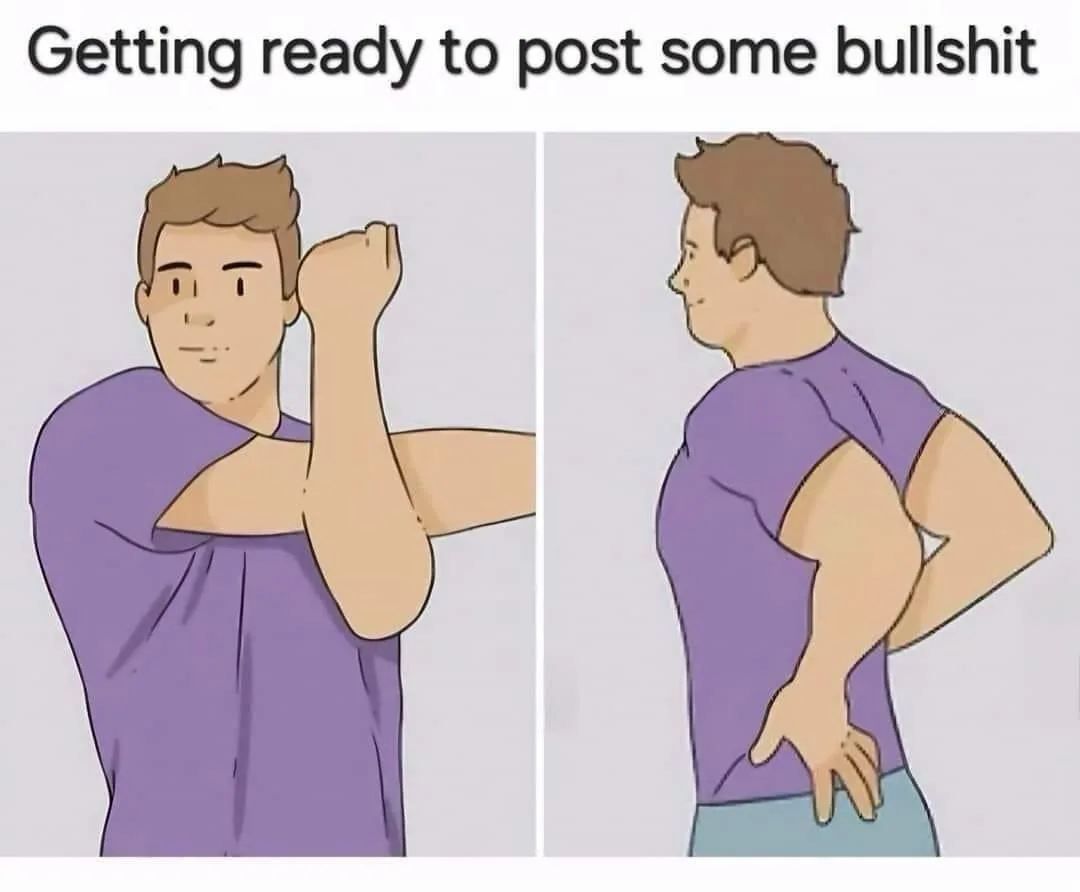 A two-panel cartoon shows a man in a purple shirt first flexing his bicep with a confident expression, then turning to show…