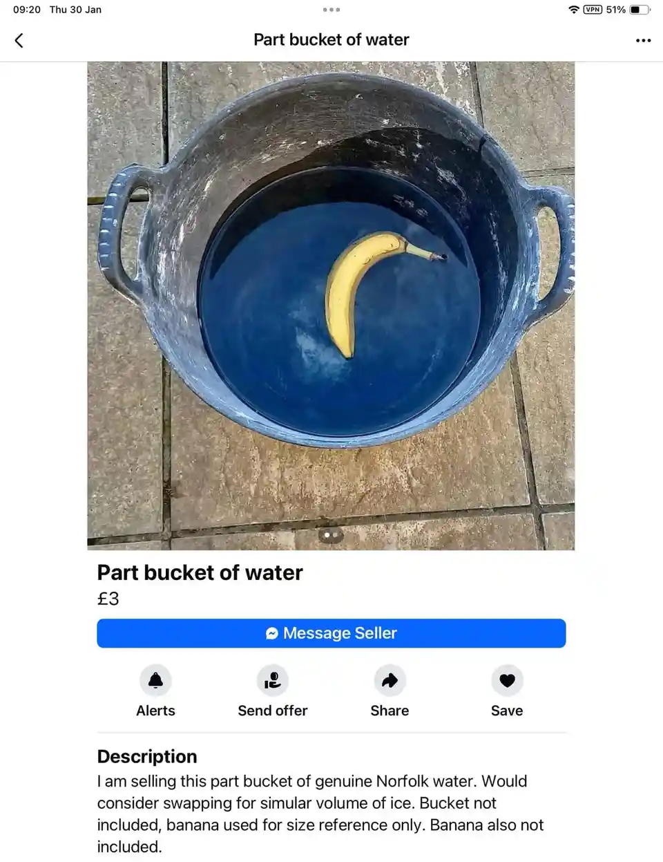 A listing for a 'part bucket of water' priced at £3, featuring a photo of a blue bucket filled with water and a banana…