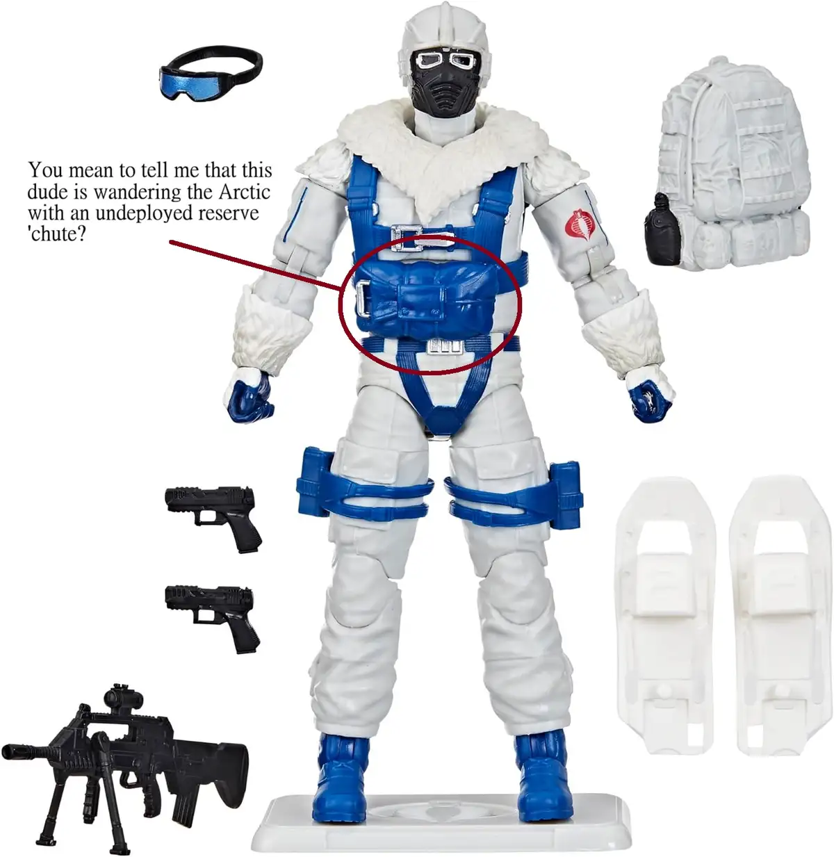 A toy action figure dressed in white Arctic gear with blue accents and a black mask stands center stage, surrounded by its…