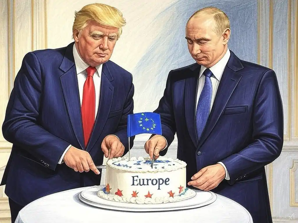Two men in suits, resembling Donald Trump and Vladimir Putin, are shown cutting a cake labeled 'Europe' with a small EU flag…