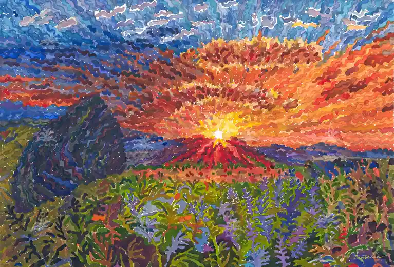 A vibrant, stylized watercolor painting depicts a dramatic sunset or sunrise over a hilly landscape, with a bright yellow…