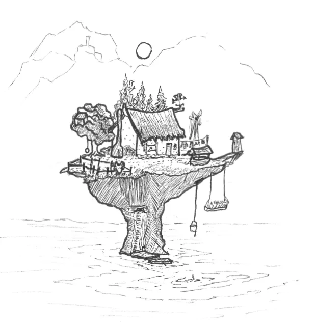 a hand-drawn black-and-white sketch depicts a small, floating island suspended over water, featuring a rustic house, trees…