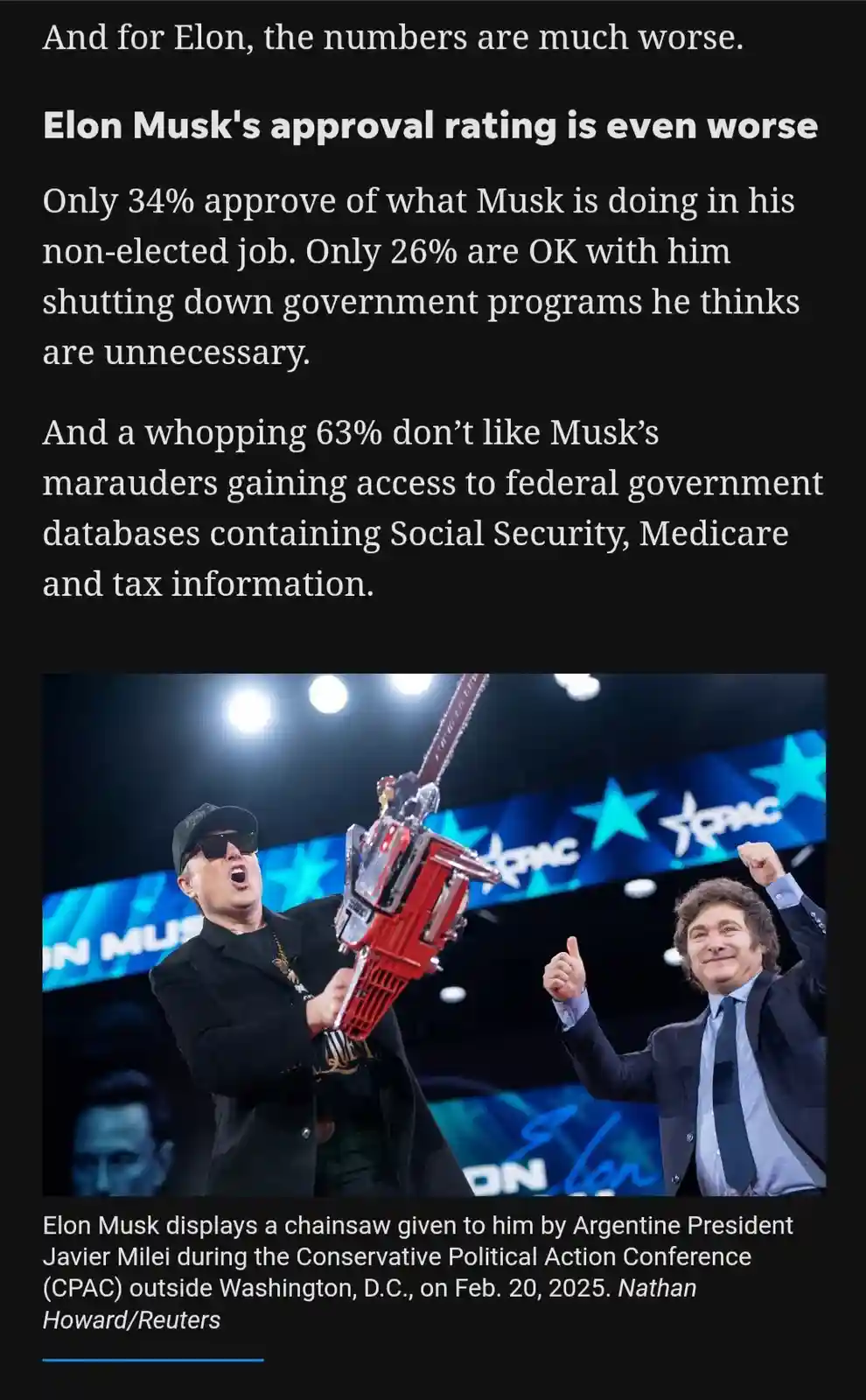 The image shows Elon Musk holding a large red chainsaw while wearing a black cap and sunglasses, standing next to Argentine…