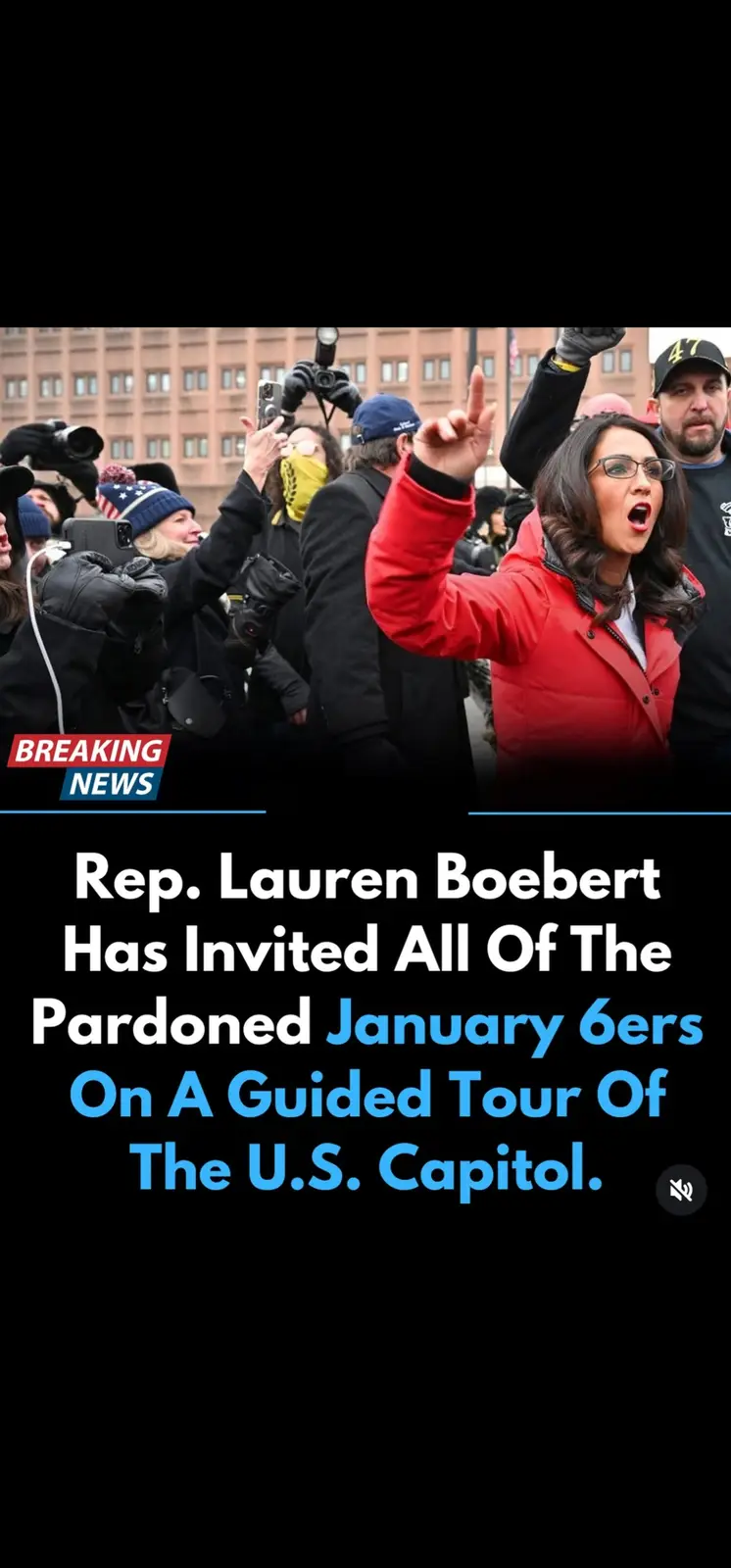 A woman in a red jacket and glasses, surrounded by a crowd with cameras, appears to be shouting or gesturing emphatically…