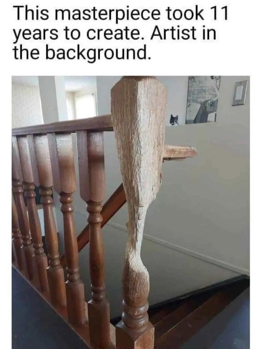A close-up photo of a wooden staircase railing where one newel post is visibly damaged and worn, contrasting with the…
