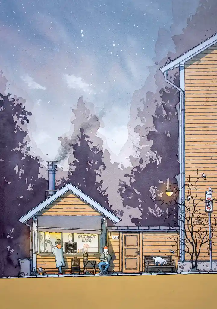 A watercolor illustration depicts a cozy, warmly lit wooden kiosk named 'ROSENHOFF KIOSK' at dusk or night, with a customer…