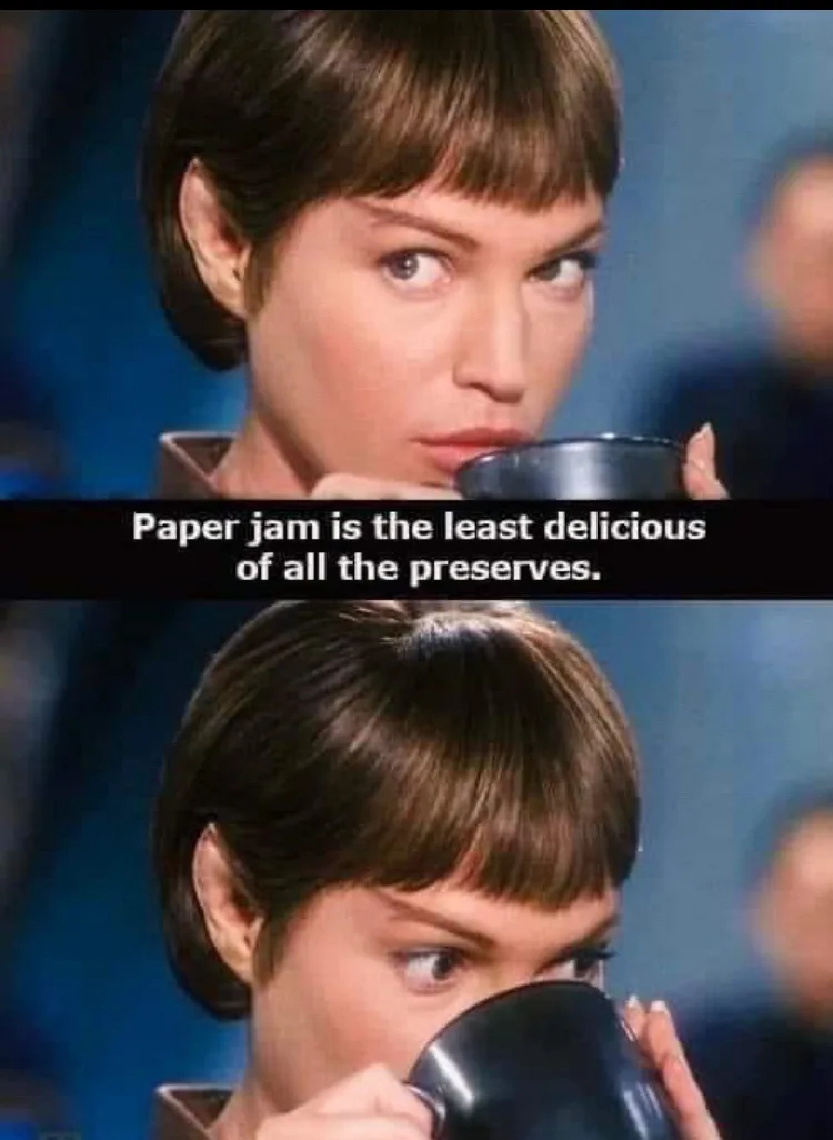 Two-panel image of a woman with short brown hair and bangs, holding a black mug. In the top panel, she looks intensely at…