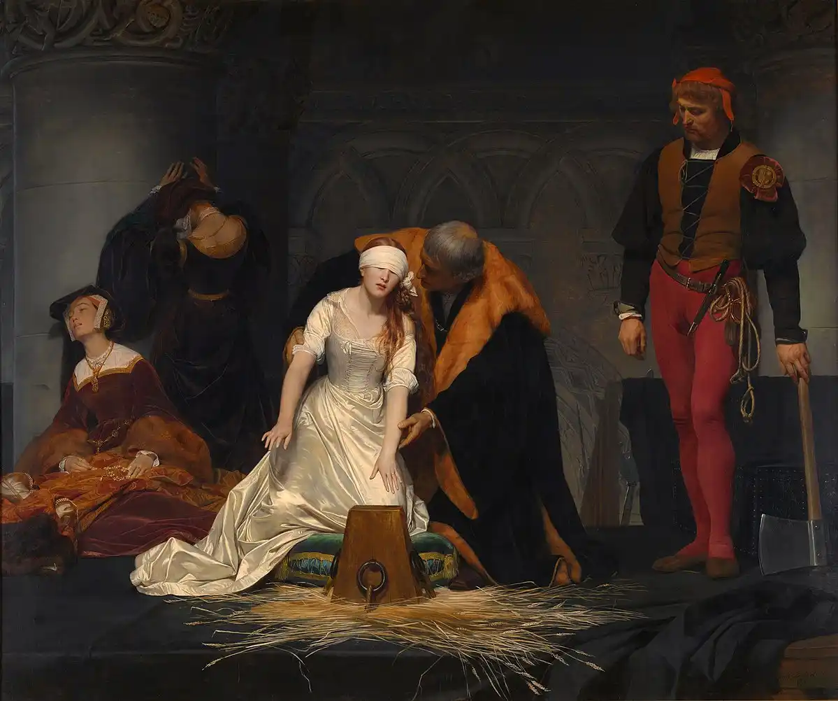 a classical painting depicts a blindfolded woman in a white gown seated on a stool with a guillotine blade poised above her…