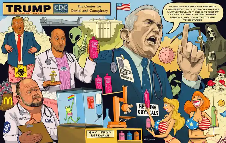 A satirical illustration shows a man labeled 'CDC Director Robert F. Kennedy Jr.' in a lab coat, pointing dramatically while…