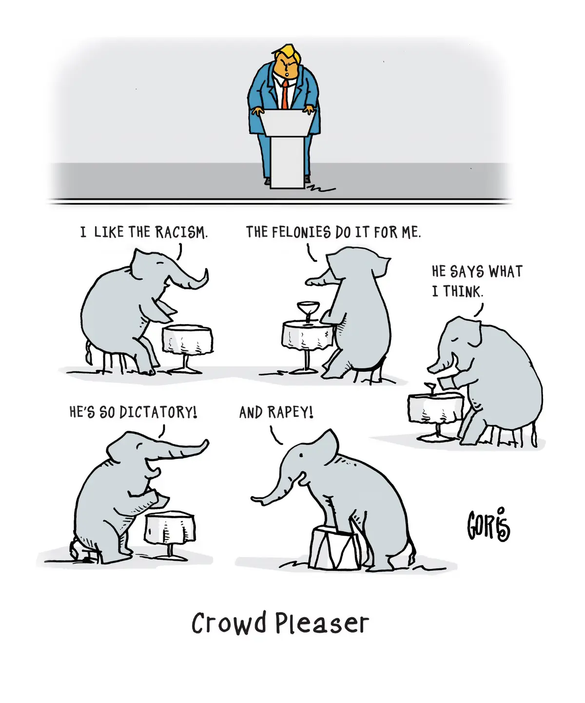 A cartoon depicts a man in a blue suit speaking at a podium, while five elephants in a social setting react with speech…