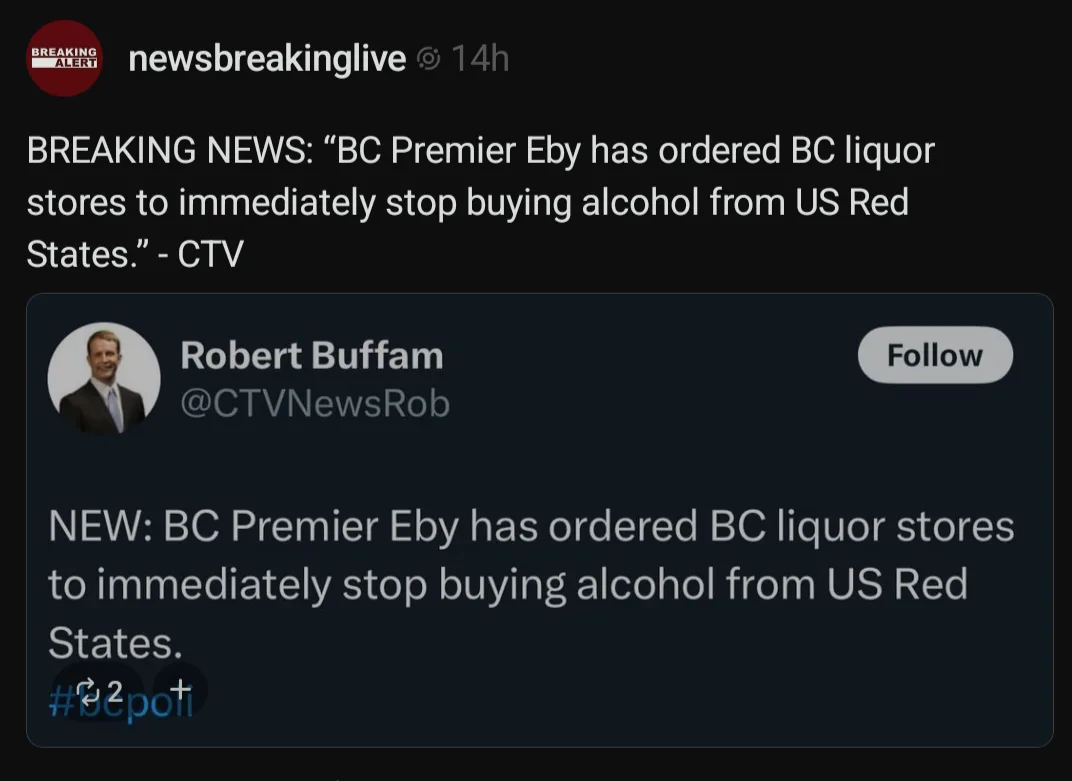 A screenshot of a Twitter post by CTV News reporter Robert Buffam, which reads: 'NEW: BC Premier Eby has ordered BC liquor…
