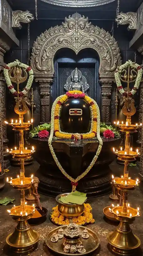 An ornate, dark temple interior features a central black Shiva lingam adorned with colorful flower garlands and a red dot…