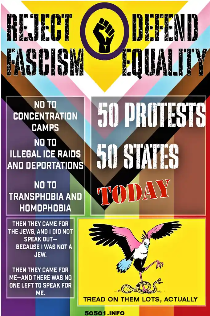 A protest poster with a rainbow-colored background and a raised fist symbol, listing demands like 'no to concentration…