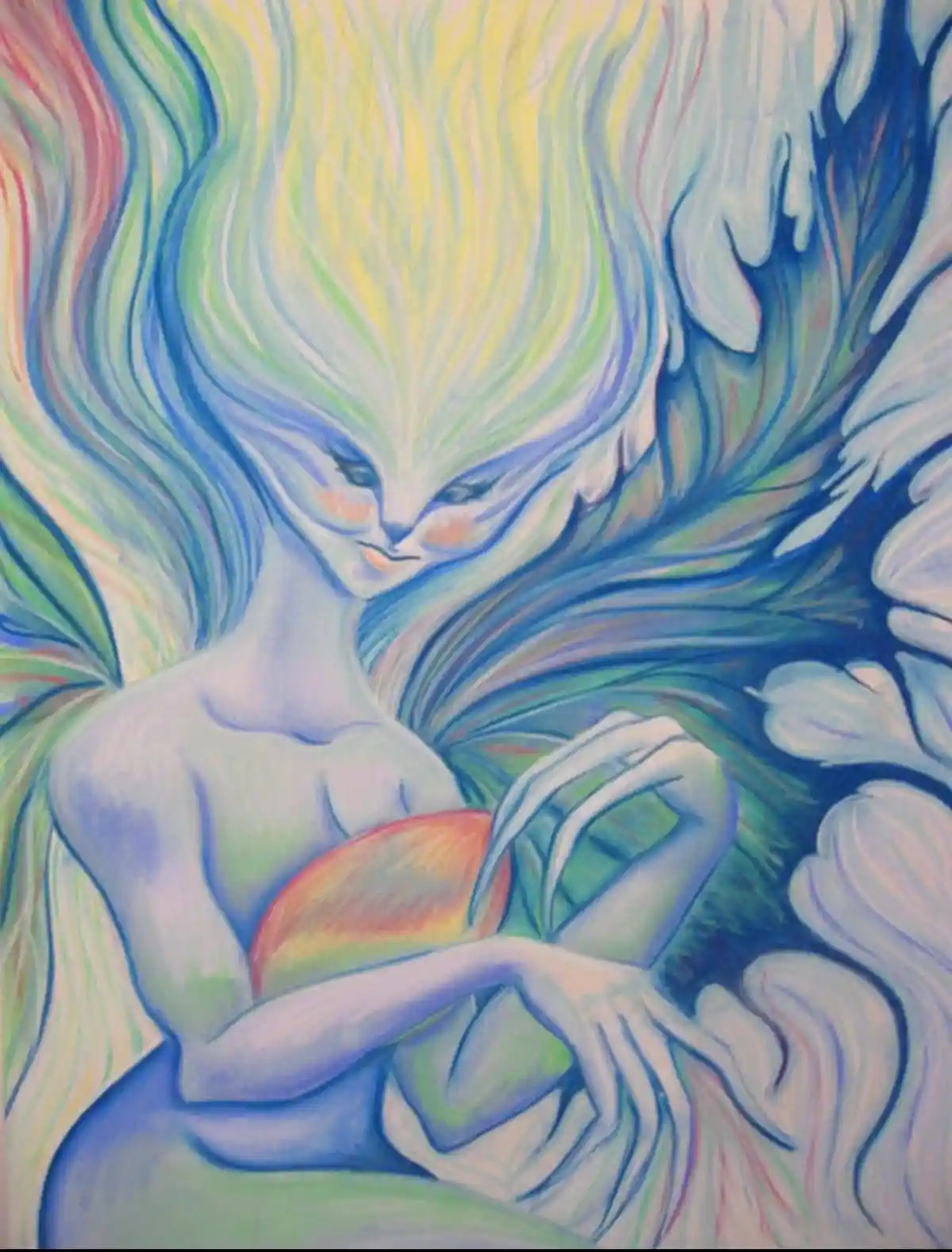 A surreal painting depicts a pale, ethereal figure with flowing, multi-colored hair holding a red apple. The figure has a…