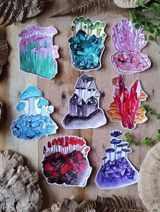 Eight colorful, hand-drawn stickers depicting fantastical crystal formations shaped like mushrooms, coral, and geometric…