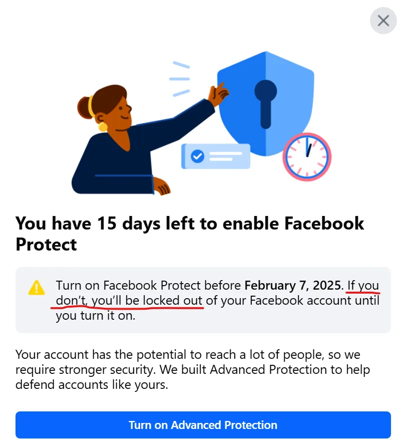 A Facebook security notification graphic shows a woman pointing at a blue shield icon with a keyhole, next to a clock. The…