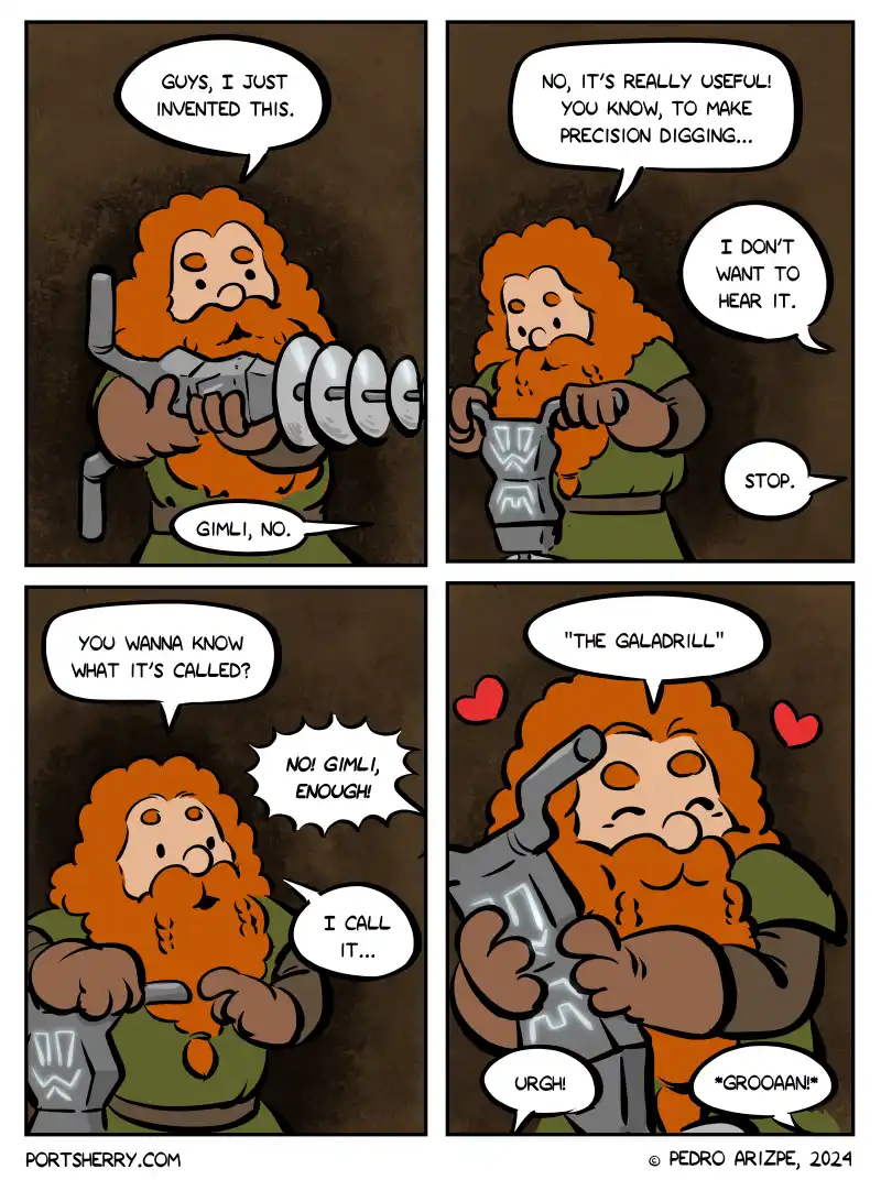 A four-panel comic strip featuring a bearded dwarf inventor enthusiastically presenting a large, mechanical drill to his…