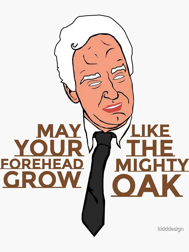 A cartoon caricature of a man with white hair and a black tie, smiling with a slightly squinted expression. The text…