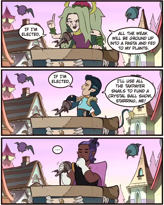 A three-panel comic strip from 'The Owl House' shows three characters giving bizarre campaign promises at a podium. The…