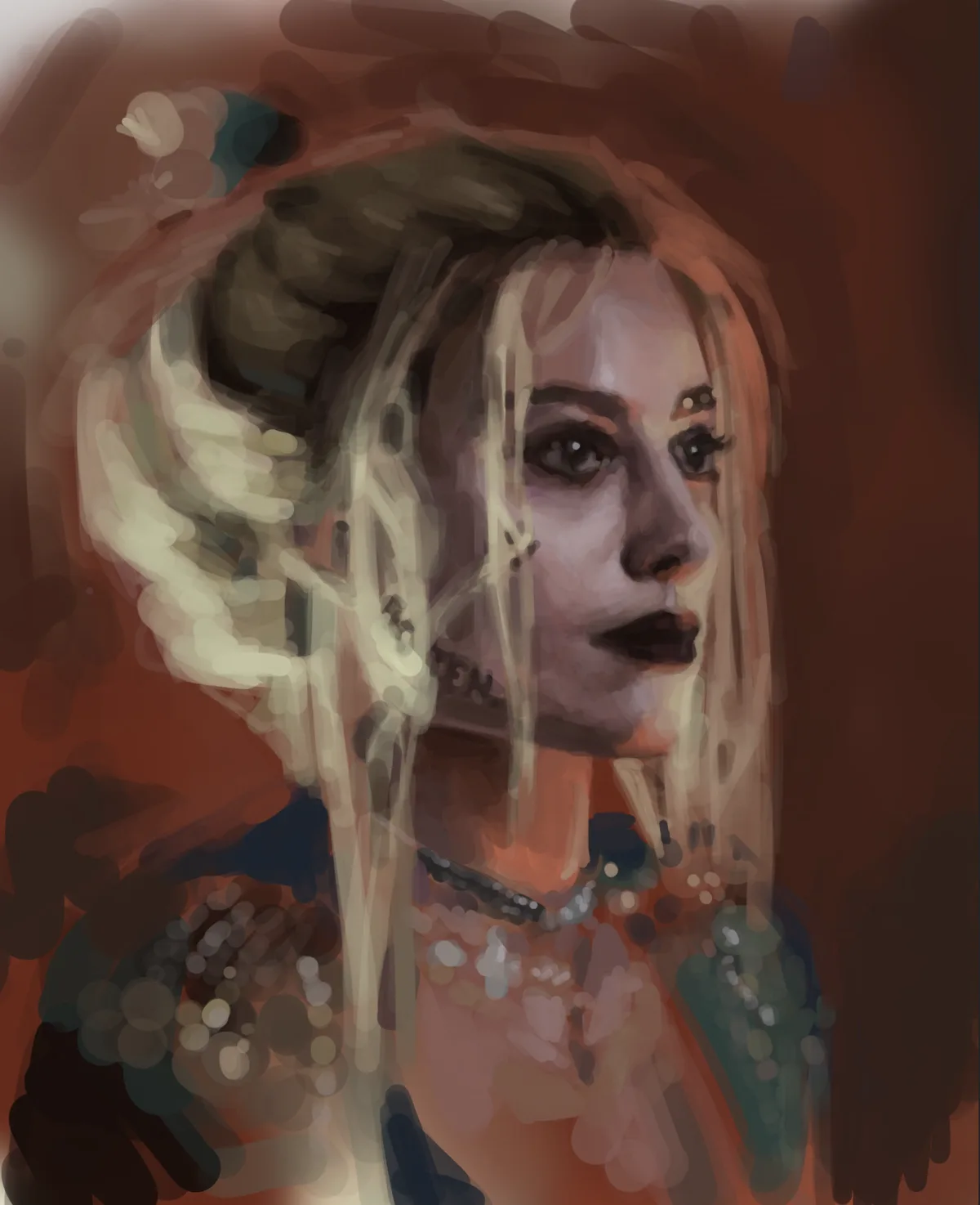 A stylized, painterly portrait of a woman with blonde hair, dark lipstick, and ornate jewelry against a reddish-brown…