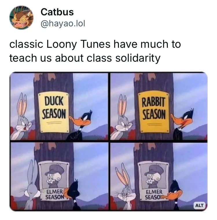 A four-panel Looney Tunes comic strip shows Daffy Duck looking at signs that read 'DUCK SEASON', 'RABBIT SEASON', and 'ELMER…