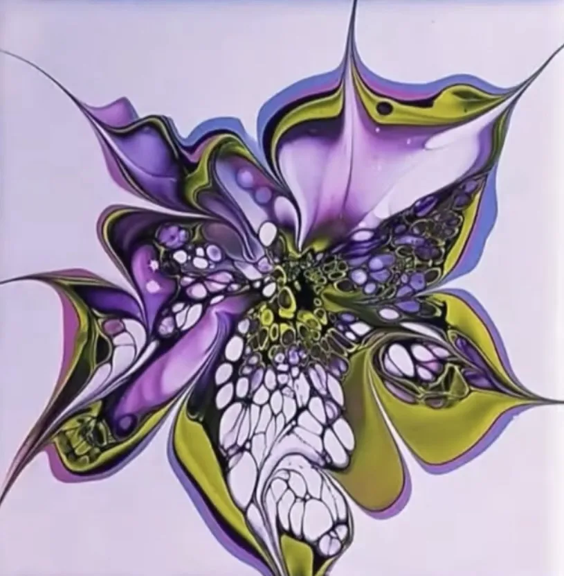 An abstract, psychedelic artwork depicts a stylized flower with swirling purple, green, and white colors and intricate…