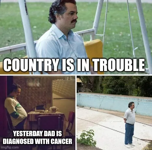 The image is a three-panel meme. Top panel: A man with a mustache sits on a swing, looking serious, with text 'COUNTRY IS IN…