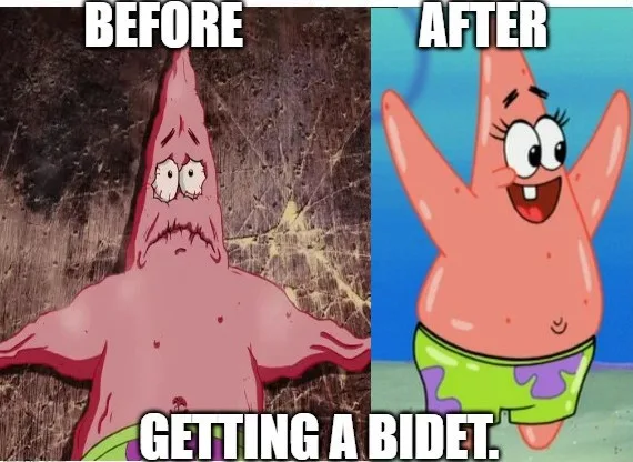 The image is split into two panels. The left panel shows Patrick Star looking distressed and dirty against a grimy…