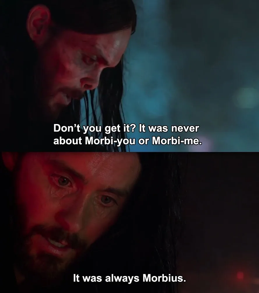 The image is a two-panel meme featuring actor Jared Leto as the character Morbius. The top panel shows him looking down with…