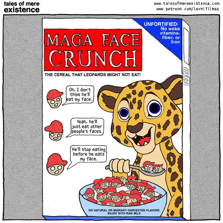 A cartoon cereal box labeled 'MAGA FACE CRUNCH' features a smiling leopard eating cereal pieces shaped like faces wearing…