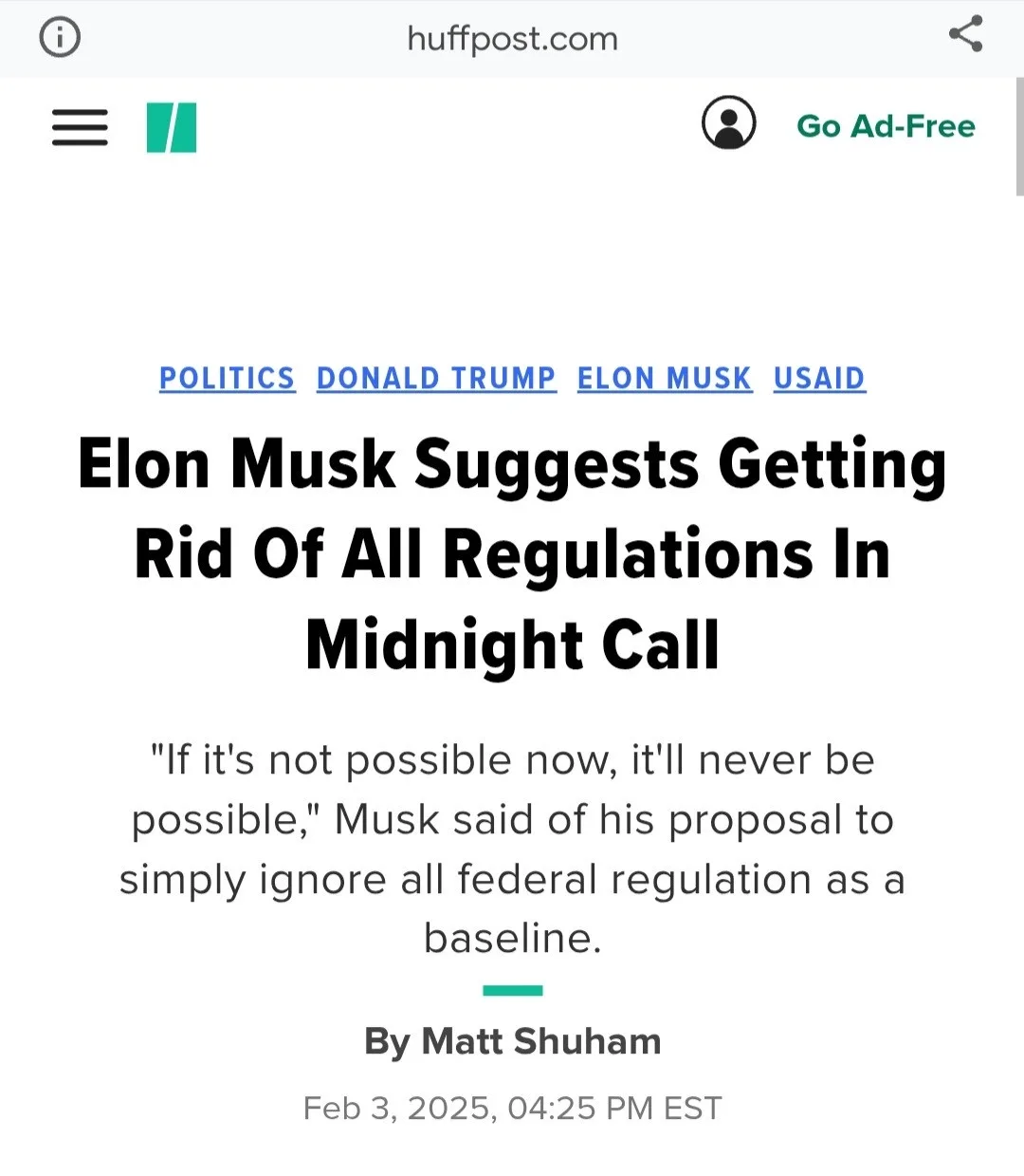 A screenshot of a HuffPost article headline reading 'Elon Musk Suggests Getting Rid Of All Regulations In Midnight Call,'…