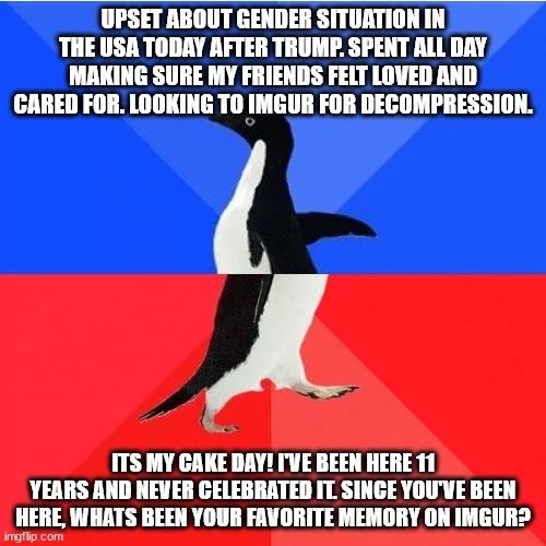 A penguin walks diagonally across a red and blue background, with text overlaid in two sections. The top text reads: 'UPSET…