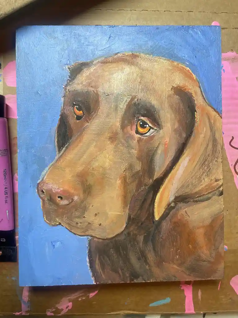 A hand-painted portrait of a brown dog on a blue background, showing the dog's face in profile with expressive eyes. The…