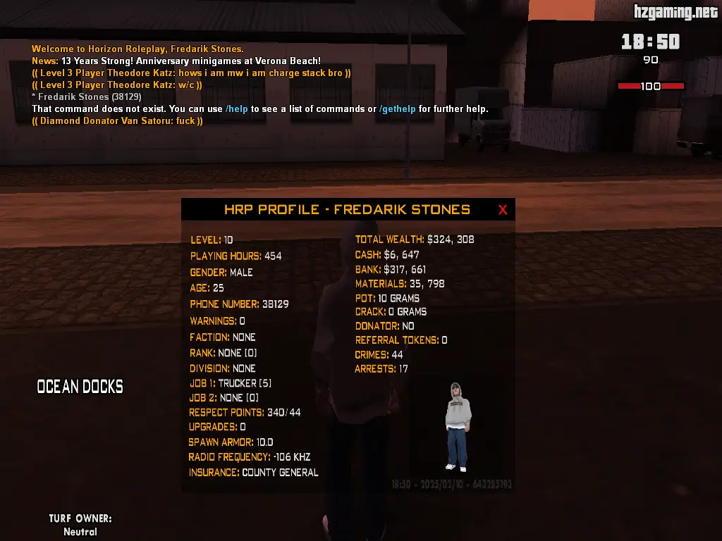 A screenshot from the game Horizon Roleplay shows a player's profile for 'Fredarik Stones' with stats like level 10, 454…