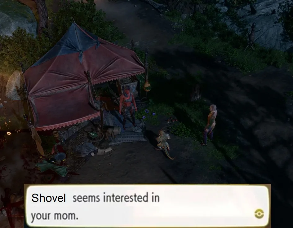 A screenshot from a fantasy RPG game shows a character named 'Shovel' standing near a tent, with another character nearby…