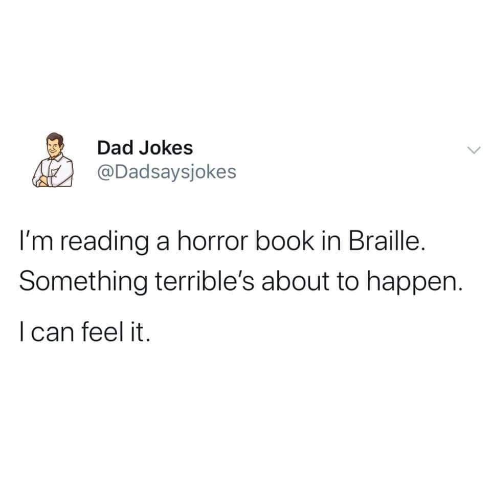 The image shows a screenshot of a tweet from the account 'Dad Jokes' (@Dadsaysjokes), featuring a cartoon avatar of a…