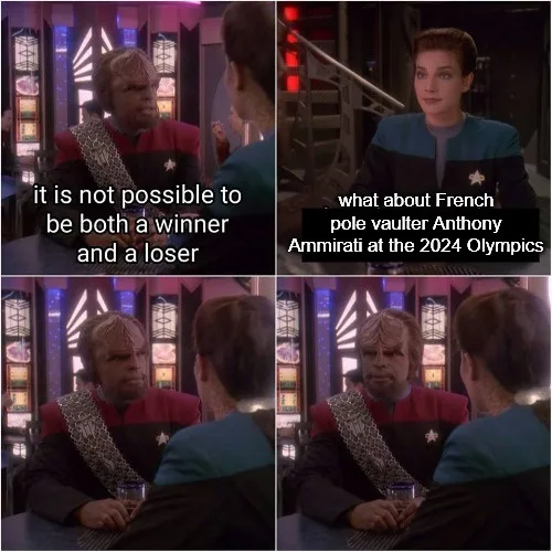 A four-panel meme from Star Trek: The Next Generation shows a character stating it's impossible to be both a winner and a…