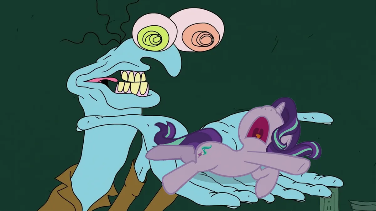 A blue, distorted, cartoonish monster with large, swirling eyes and a wide grin holds a purple pony with a star cutie mark…
