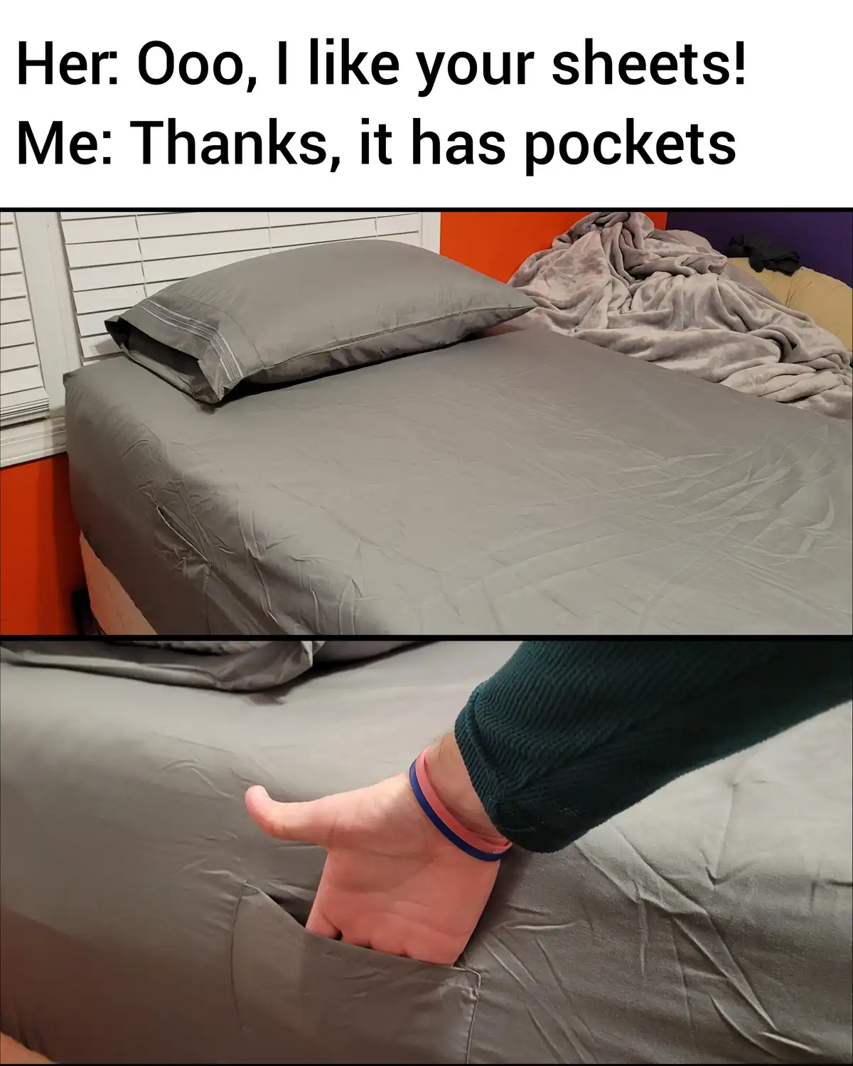 The image shows a bed with grey sheets and a pillow. The top panel displays the bed, while the bottom panel shows a person's…