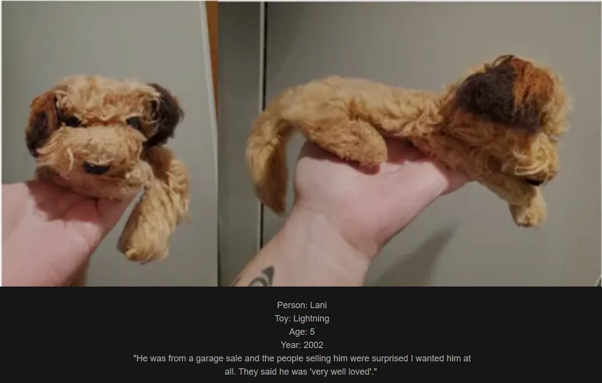 A split image shows a worn, brown, shaggy stuffed dog toy being held in a person's hand. The left panel shows the toy's…