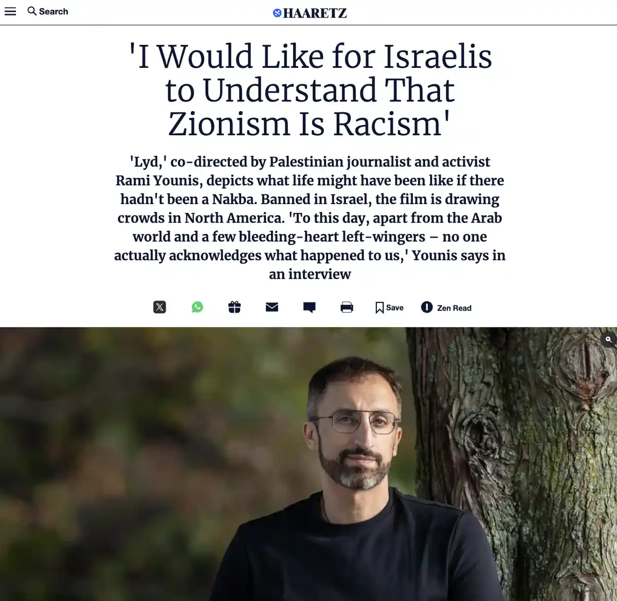 A screenshot of a Haaretz news article featuring Palestinian journalist Rami Younis, who co-directed the film 'Lyd'. The…
