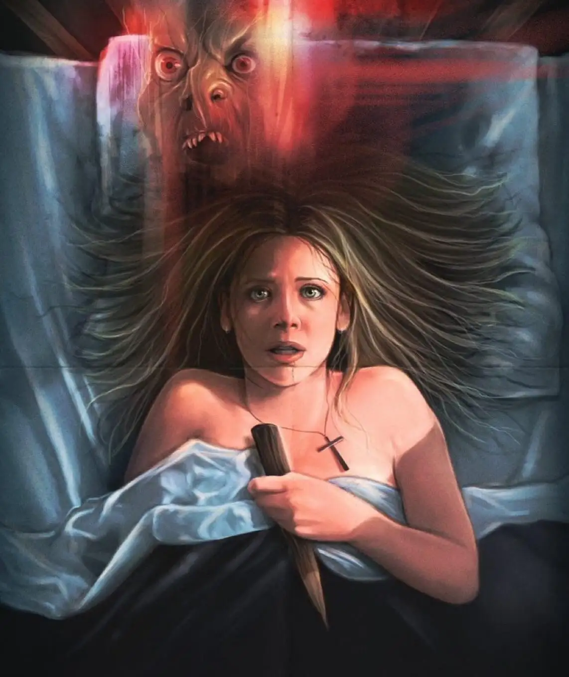 A woman lies in bed, wide-eyed with terror, clutching a knife while a grotesque, red-eyed ghostly face looms over her. She…