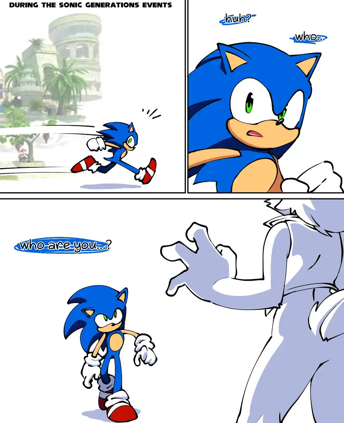 A three-panel comic strip featuring Sonic the Hedgehog. The first panel shows Sonic running past a building with palm trees…