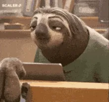 A sloth character in a green shirt is shown in a sequence of six frames, transitioning from a bored, sleepy expression to a…