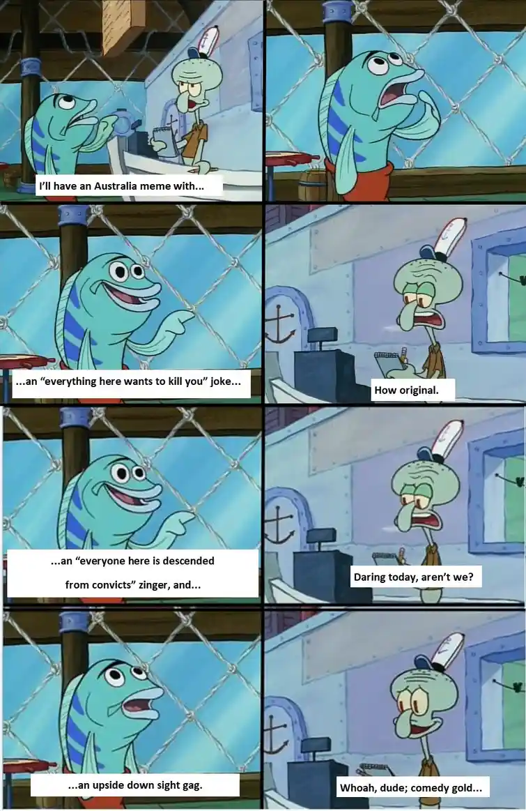 A six-panel comic strip featuring a blue striped fish and Squidward. The fish proposes an Australian meme with three…